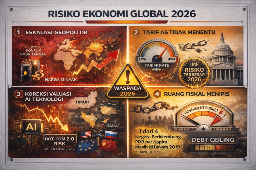 Empat risiko utama ekonomi global 2026 menurut IMF dan World Bank: eskalasi
geopolitik Timur Tengah dan Eropa Timur, ketidakpastian tarif AS, koreksi
valuasi teknologi AI seperti era dot-com, dan ruang fiskal menipis di mana
satu dari empat negara berkembang masih di bawah PDB per kapita 2019