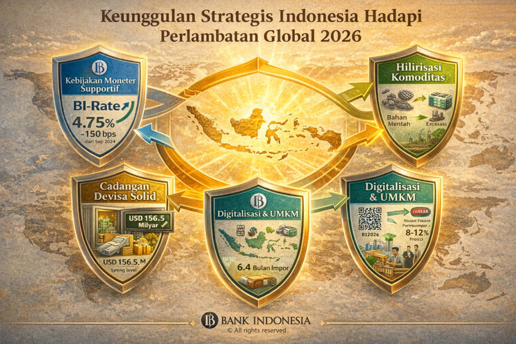 Empat strategi Indonesia hadapi global melambat 2026: BI-Rate 4,75 persen
turun 150 bps dukung kredit, hilirisasi komoditas tambah nilai ekspor,
digitalisasi QRIS dan keuangan syariah tumbuh 8-12 persen, serta cadangan
devisa USD 156,5 miliar setara 6,4 bulan impor menurut Bank Indonesia
Januari-Februari 2026