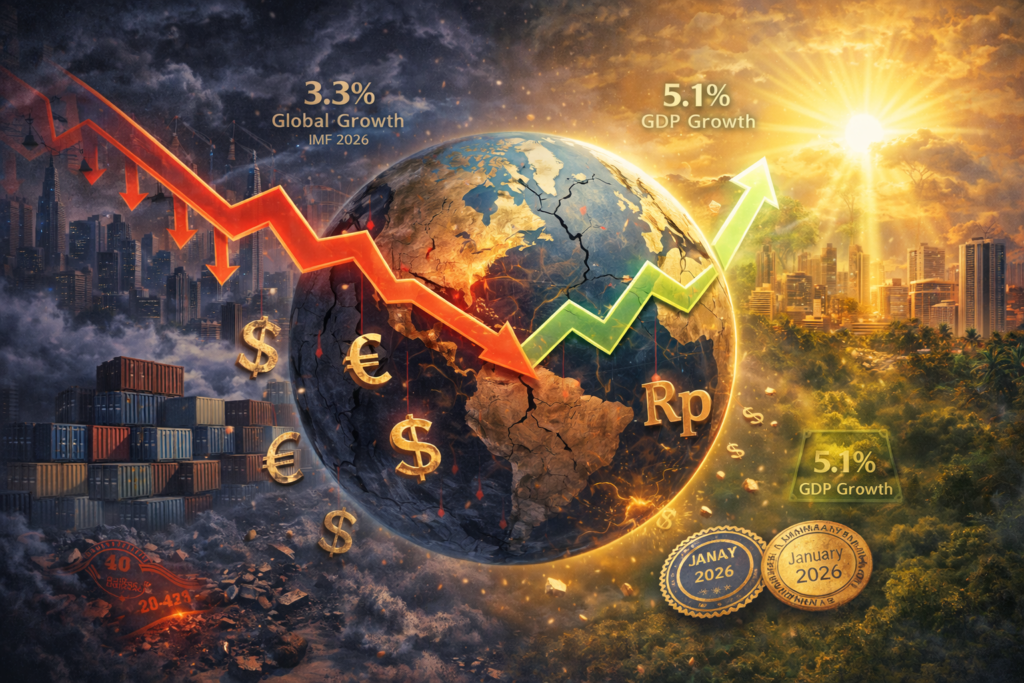 Ilustrasi ekonomi global melambat 2026 dengan proyeksi pertumbuhan IMF 3,3
persen di bawah rata-rata historis 3,7 persen pra-pandemi sementara Indonesia
bersinar sebagai titik terang dengan proyeksi PDB 5,1 persen tertinggi ketiga
dunia menurut World Bank Januari 2026