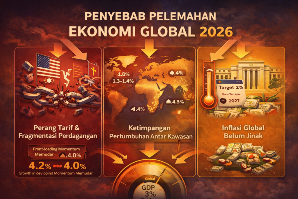 Tiga faktor utama perlambatan ekonomi global 2026: perang tarif AS yang
menekan pertumbuhan negara berkembang ke 4 persen, ketimpangan kawasan dengan
Eropa hanya 1,3 persen, dan inflasi AS belum capai target 2 persen hingga
2027 menurut IMF dan World Bank Januari 2026