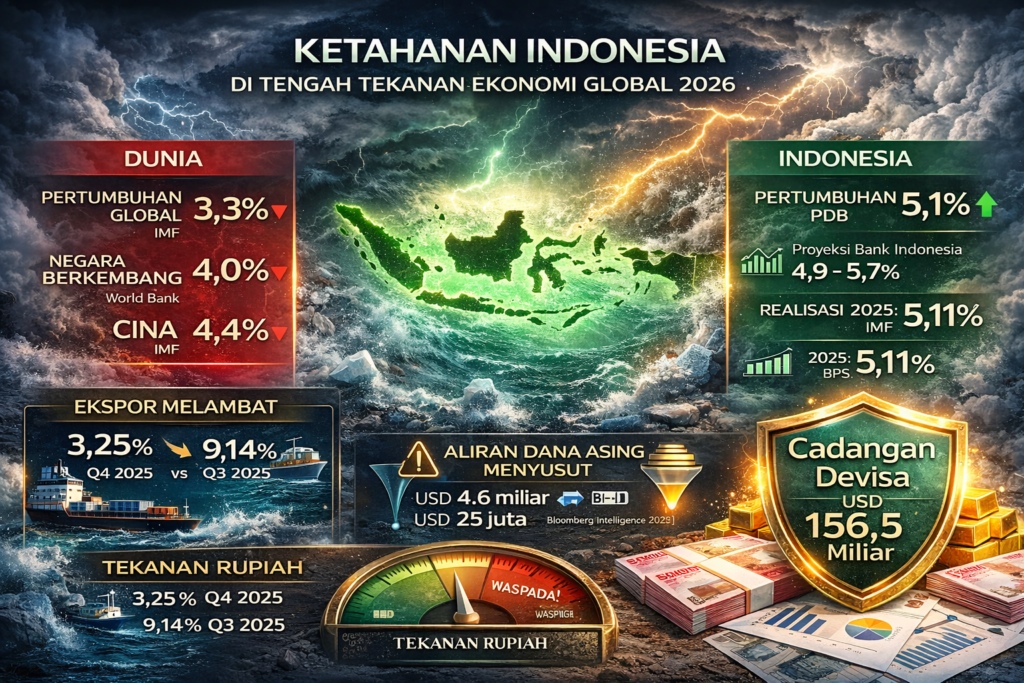 Posisi Indonesia di tengah ekonomi global melambat 2026 dengan proyeksi
pertumbuhan 5,1 persen menurut IMF peringkat ketiga dunia meski ekspor
melambat tajam ke 3,25 persen Q4 2025 dan net inflow asing turun drastis
menurut Bloomberg Intelligence Januari 2026