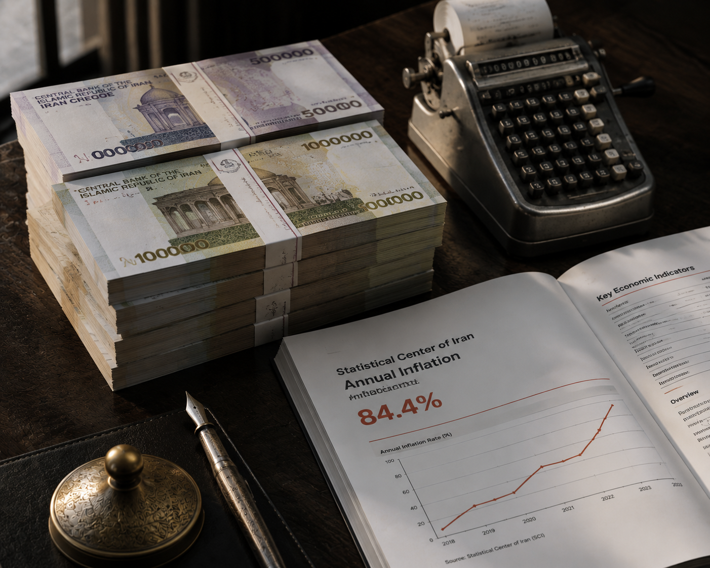 Tumpukan uang kertas rial Iran dan berkas laporan inflasi 84,4 persen dari Pusat Statistik Iran di atas meja analis moneter.