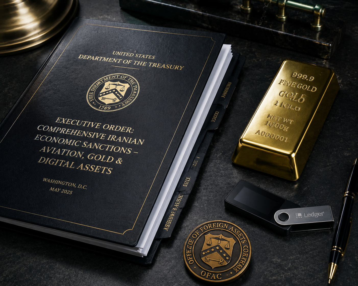 Berkas dokumen sanksi ekonomi Departemen Keuangan AS beserta emas batangan dan dompet digital kripto.