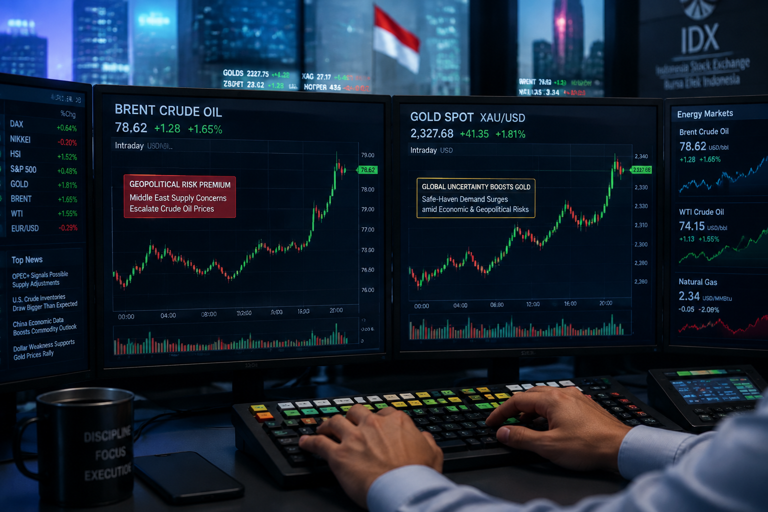 Grafik pergerakan harga minyak mentah dunia dan emas batangan di monitor bursa perdagangan komoditas.