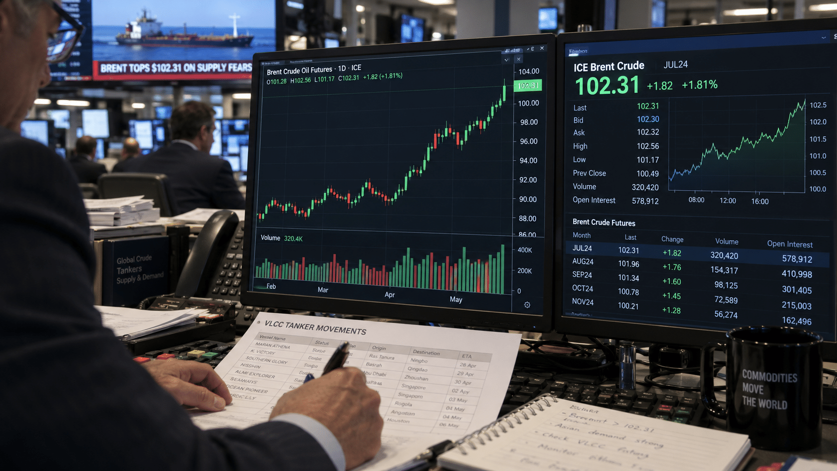 Grafik kenaikan harga minyak mentah Brent menembus level US$102 per barel pada layar monitor terminal perdagangan energi.