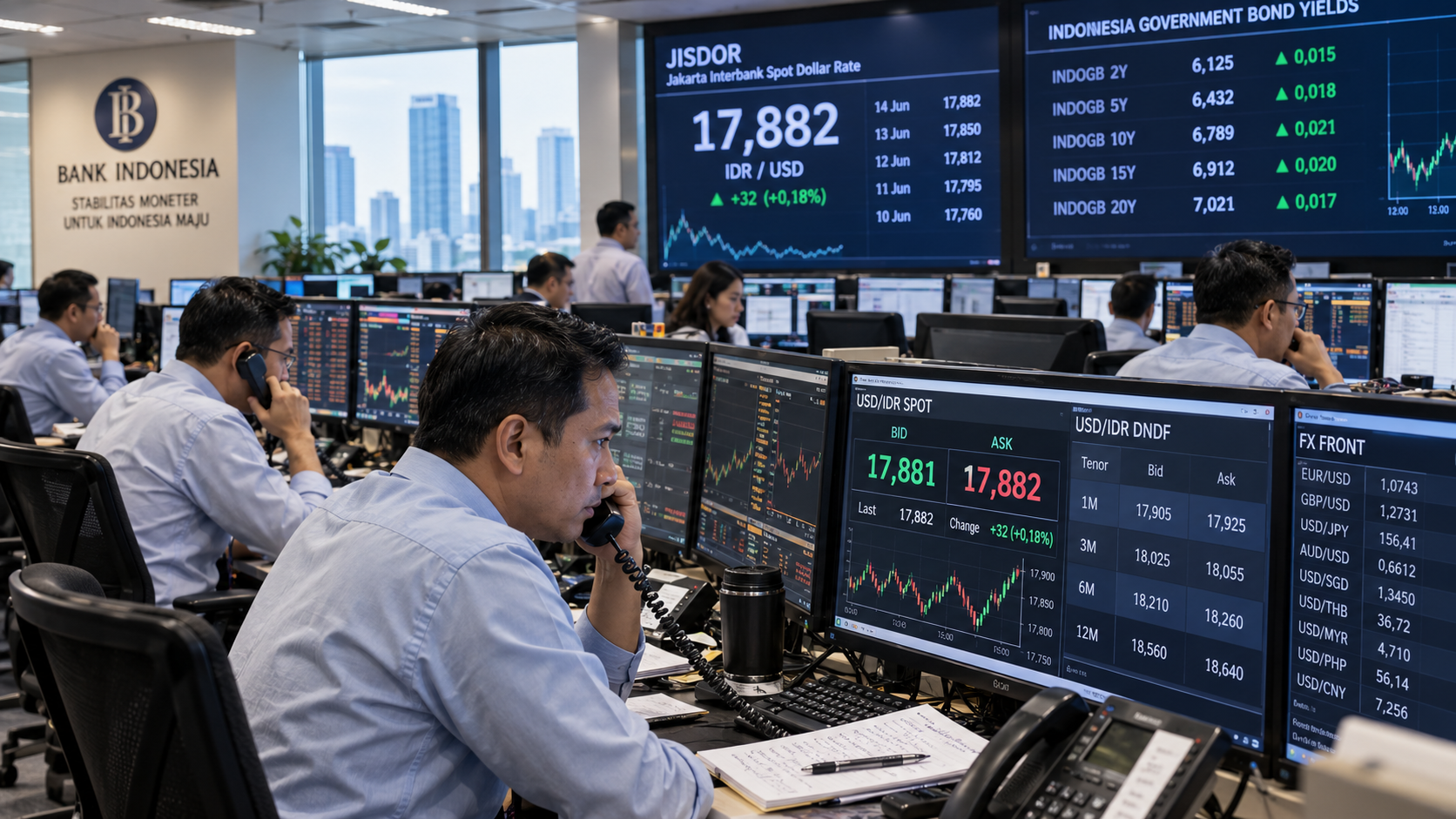 Suasana meja dealing room perbankan memantau intervensi pasar valas DNDF dan pergerakan kurs rupiah terhadap dolar AS.